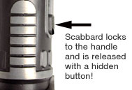 Scabbard locks to the handle and is released with a hidden button!