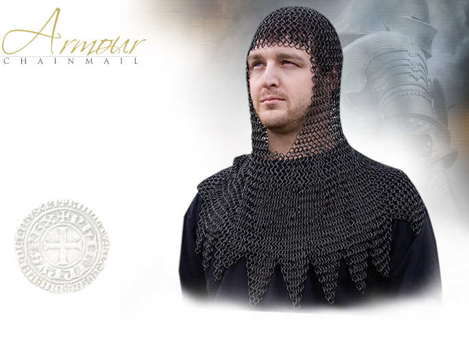 NobleWares Image of Medieval Knights Chainmail Coif in Black Finish LS1687 by Legends In Steel