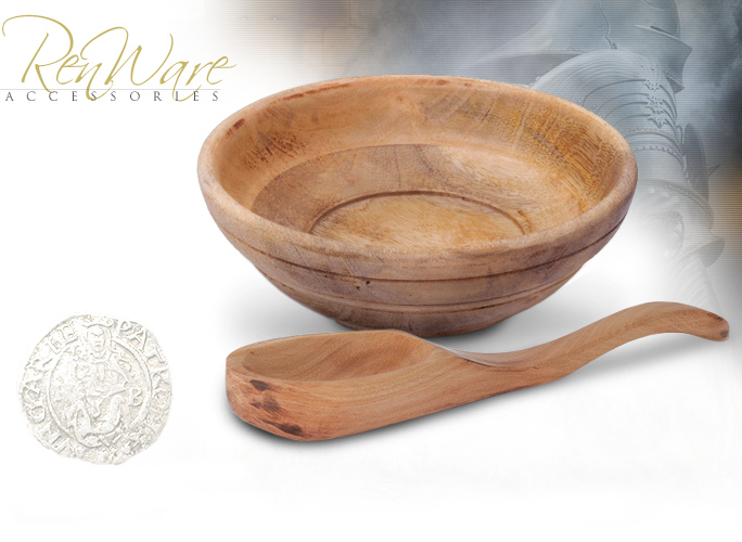 NobleWares Image of Medieval 7" Wooden Spoon OB3350 and Bowls 5" OB0590, 6" OB0591, 7" OB0592 by GDFB