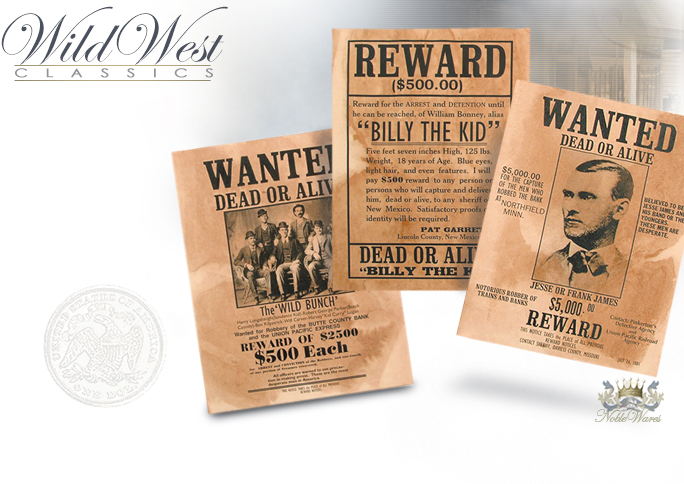NobleWares image of replica Wanted Poster for Billy the Kid, the Wild Bunch, and Jessie James, set 095 by Denix