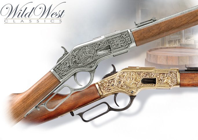 NobleWares Image of Old West non-firing Engraved M1866 Winchester Rifle replicas 1253G Gray and 1253L Gold by Denix
