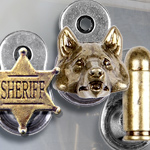 Denix spring loaded hangers, Wolf Head 22-32L 22-32G, Sheriff Badge 22-31, and Bullets 22-30