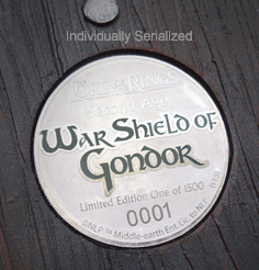 serialized medallion on the Lord of the Rings UC2940 Second Age Gondorian Shield Limited Edition by United Cutlery