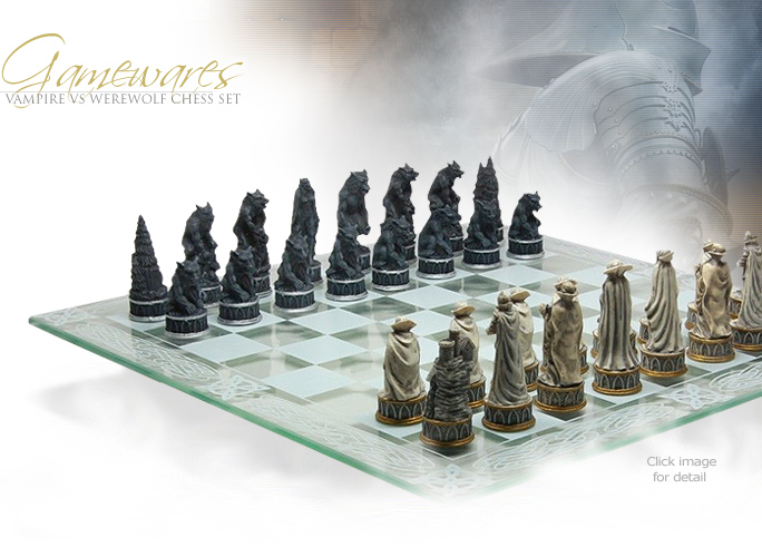 NobleWares Image of Cast Resin Vampire VS Werewolf Chess Set with Glass Chess Board 9381 by Pacific Giftware