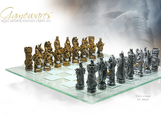NobleWares Imageof Cast Resin King Arthur Fantasy Chess Set with Glass Chess Board 9382 by Pacific Giftware