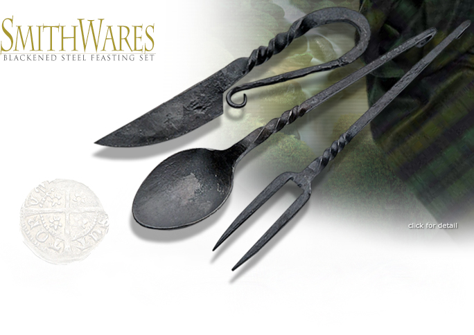 image of 7885 Blackened Steel Feasting Set Hand forged Knife, Fork, and Spoon