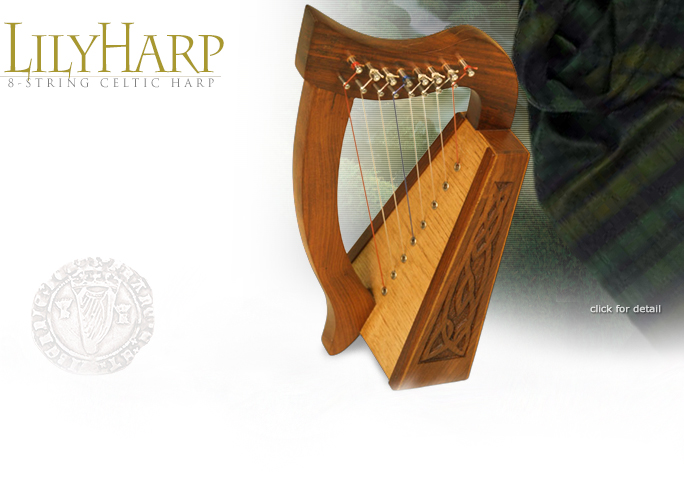 Image of Celtic 8-String Lily Harp with Knotwork Carvings