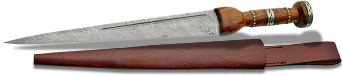 Wood Handle Damascus Steel Dagger in leather snap Scabbard DM1076