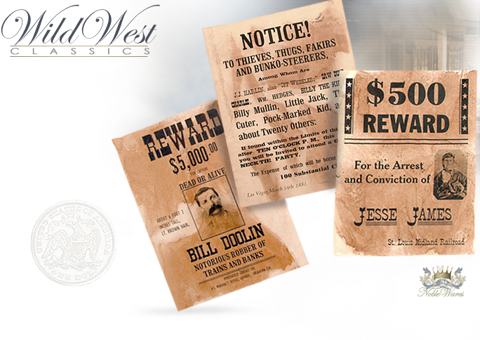 NobleWares image of Replica Wanted Poster for Bill Doolin, Thieves and Bunko-steerers, and Jessie James, set 096 by Denix