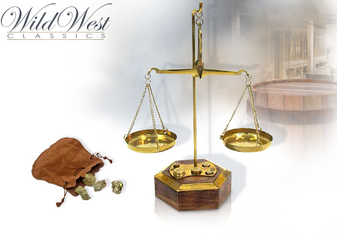 NobleWares Image of Old West 7 inch Brass Assayer's Scale with Hexagonal Base and 20 grams of weights