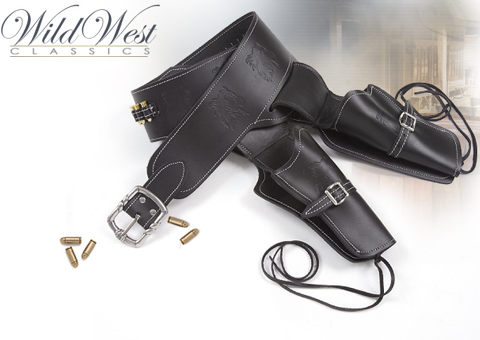 NobleWares image of Old West Double Draw Black Leather Holster 22-708 by Denix with replica bullets