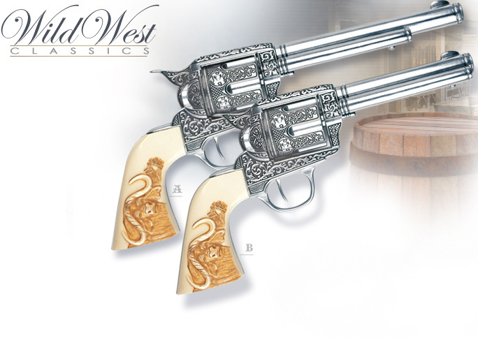 NobleWares Image of Engraved Ivory Grip M1873 Single action Fast Draw Six shooter 10205 and Cavalry model 10206 by Replicart