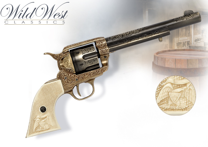 NobleWares Image of Colt 45 non-firing Gold Engraved Cavalry Revolver replica 1281L by Denix